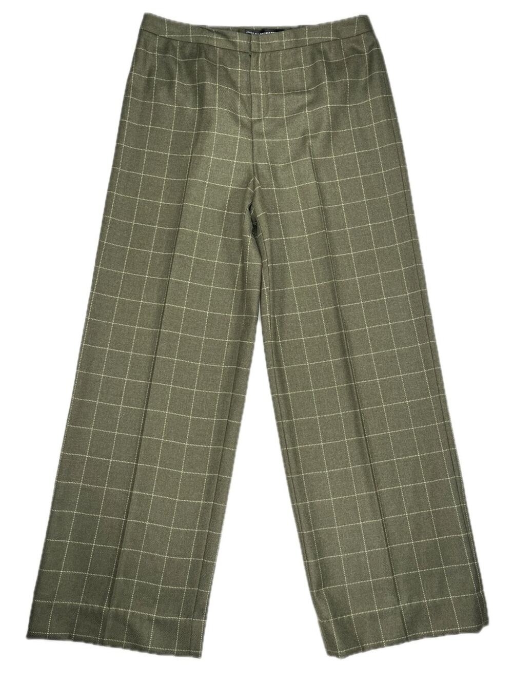 Vintage Wool Olive Green Windowpane Check Wide-Leg Trousers Sz 12 Linda Allard